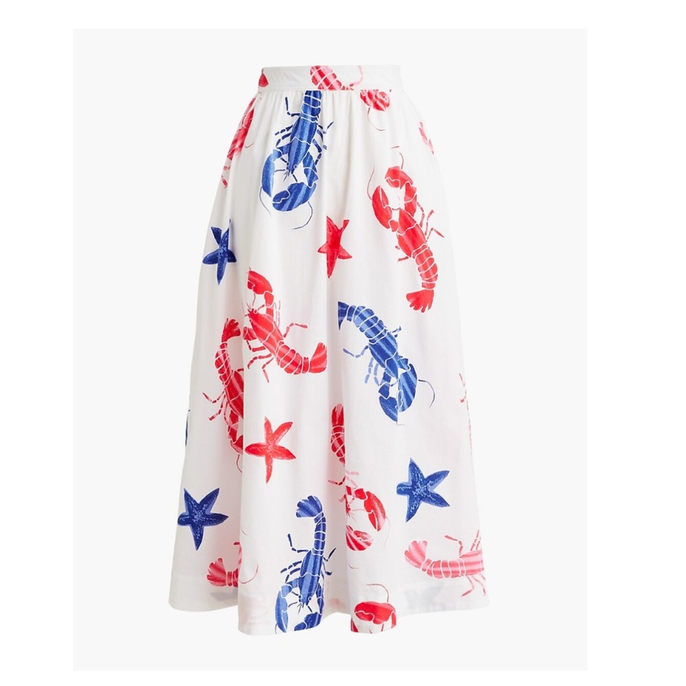 J. Crew Midi Poplin Skirt with Red/Blue Lobster and Starfish Print
